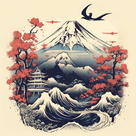 Landscape of mountain with water waves over temple, created using generative ai technology. Scenery, landscape, landmark and nature concept digitally generated image.の素材