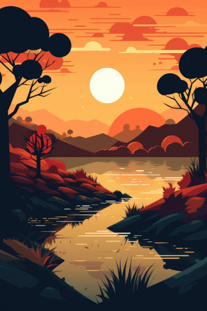 Sunset landscape with trees, mountains and lake created using generative ai technology. Landscape and nature concept digitally generated image.の素材