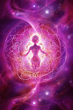 Pink woman made of space lights and trails with stars, created using generative ai technology. Cosmos, space and planets, spirituality concept digitally generated image.の素材