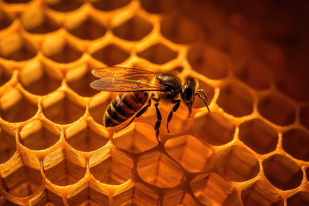 Close up of bee on honeycomb created using generative ai technology. Nature, animals and insects concept digitally generated image.の素材