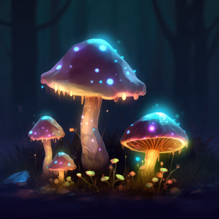 Close up of colorful glowing mushrooms in forest created using generative ai technology. Mushrooms, magic and colours concept digitally generated image.の素材