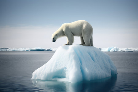 Polarbear standing on iceberg at sea created using generative ai technology. Nature and animals concept digitally generated image.の素材
