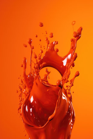 Close up of orange liquid splashing on orange background created using generative ai technology. Liquid and colour concept digitally generated image.の素材