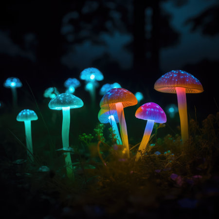 Close up of colorful glowing mushrooms in forest created using generative ai technology. Mushrooms, magic and colours concept digitally generated image.の素材
