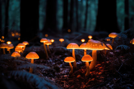 Close up of glowing mushrooms in forest created using generative ai technology. Mushrooms, magic and colours concept digitally generated image.の素材