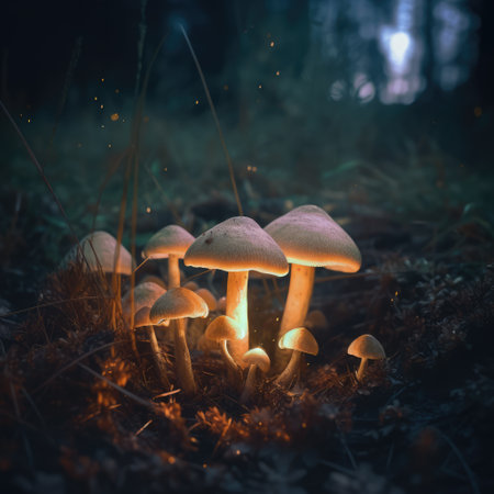 Close up of glowing mushrooms in forest created using generative ai technology. Mushrooms, magic and colours concept digitally generated image.の素材