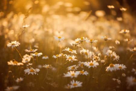 Close up of meadow with multiple white daisies and sunlight created using generative ai technology. Flowers, nature and harmony concept digitally generated image.の素材