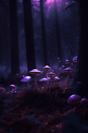 Close up of glowing mushrooms in forest created using generative ai technology. Mushrooms, magic and colours concept digitally generated image.の素材