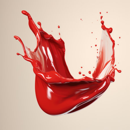 Close up of red liquid splashing on beige background created using generative ai technology. Liquid and colour concept digitally generated image.の素材