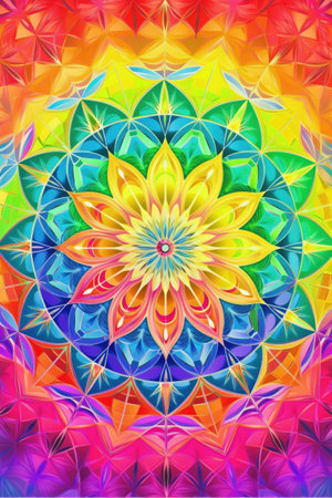 Close up of colorful kaleidoscope shapes, created using generative ai technology. Abstract background and colour concept digitally generated image.の素材