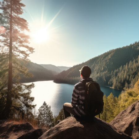 Caucasian male hiker sitting on rock and looking at lake created using generative ai technology. Nature, mountains and hiking concept digitally generated image.の素材