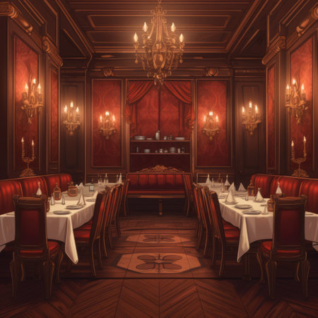 General view of fancy traditional restaurant interiors, created using generative ai technology. Restaurant, dining and interiors concept digitally generated image.の素材