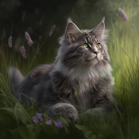 Close up of grey maine coon cat sitting in grass created using generative ai technology. Animals and nature concept digitally generated image.の素材