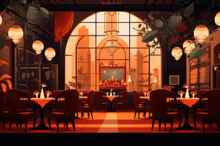 General view of fancy restaurant interiors with city view, created using generative ai technology. Restaurant, dining and interiors concept digitally generated image.の素材