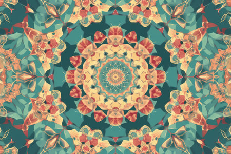 Close up of blue and red kaleidoscope shapes created using generative ai technology. Abstract background and colour concept digitally generated image.の素材