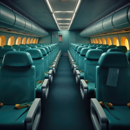 Interior of airplane with empty blue seats, created using generative ai technology. Airplane, travel and transport concept digitally generated image.の素材