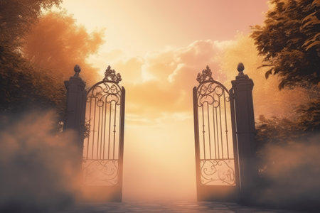 Gates of heaven with clouds and sunset, created using generative ai technology. Heaven, sky and paradise concept digitally generated image.の素材