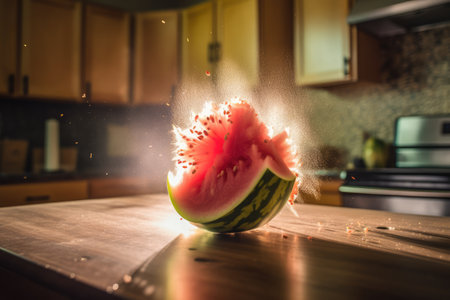 Watermelon exploding on countertop in kitchen created using generative ai technology. Explosion and fruit concept digitally generated image.の素材