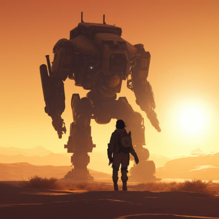 Mecha giant robot over desert at sunset, created using generative ai technology. Mecha, science fiction and machines concept digitally generated image.の素材