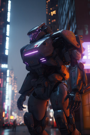 Mecha giant robot with lights over cityscape, created using generative ai technology. Mecha, science fiction and machines concept digitally generated image.の素材
