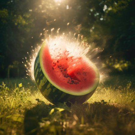 Close up of watermelon exploding in garden created using generative ai technology. Explosion and fruit concept digitally generated image.の素材