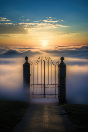 Gates of heaven with clouds and sun setting, created using generative ai technology. Heaven, sky and paradise concept digitally generated image.の素材