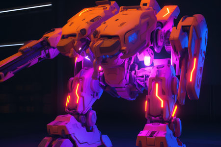 Pink and red mecha giant robot with lights, created using generative ai technology. Mecha, science fiction and machines concept digitally generated image.の素材