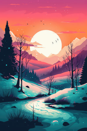 Winter landscape with trees and mountains created using generative ai technology. Landscape and nature concept digitally generated image.の素材