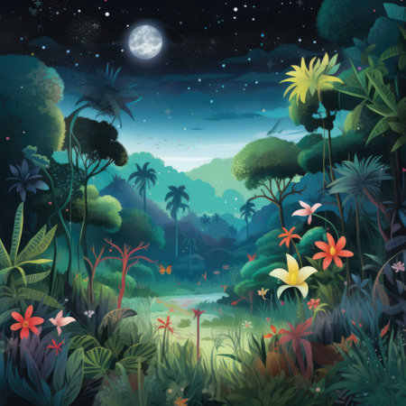 Rainforest with lake and tropical plants with full moon, created using generative ai technology. Rainforest, nature and scenery concept digitally generated image.の素材