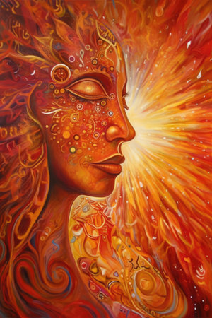 Female head made of orange shapes and trails over flames, created using generative ai technology. Cosmos, space and planets, spirituality concept digitally generated image.の素材