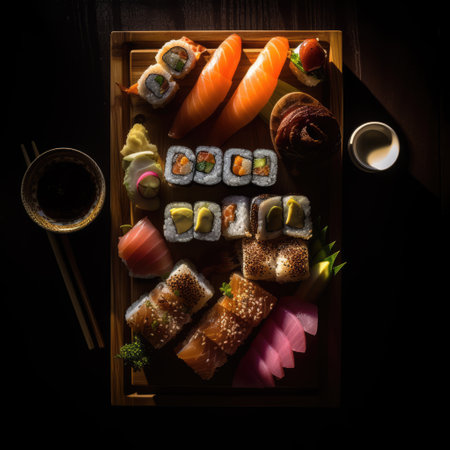 Close up of selection of sushi rolls on wooden tray, created using generative ai technology. Food, sushi and fresh japanese cuisine concept digitally generated image.の素材