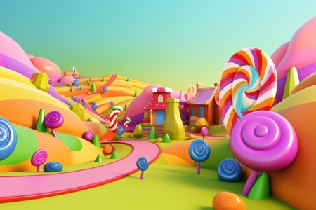 General view of colourful candyland in pastel colours, created using generative ai technology. Candyland, fairytale, colours and background concept digitally generated image.の素材