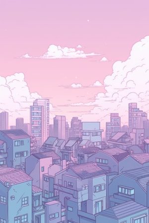 General view of cityscape in pastel colours, created using generative ai technology. Colour and cityscape background concept digitally generated image.の素材