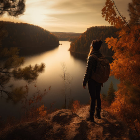 Caucasian female hiker standing on rock and looking at lake created using generative ai technology. Nature, mountains and hiking concept digitally generated image.の素材