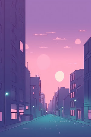 General view of cityscape with full moon in pastel colours, created using generative ai technology. Colour and scenic background concept digitally generated image.の素材