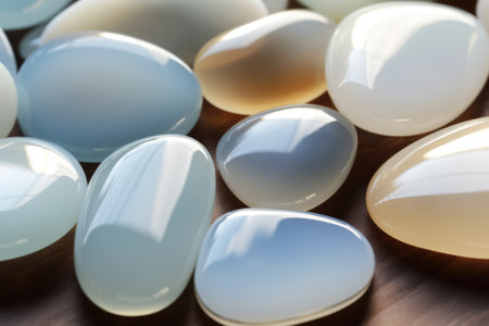Close up of multiple white and shiny gemstones created using generative ai technology. Nature, minerals and colours concept digitally generated image.の素材