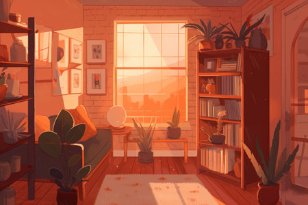 General view of living room in pastel colours, created using generative ai technology. Interior design and home decor concept digitally generated image.の素材