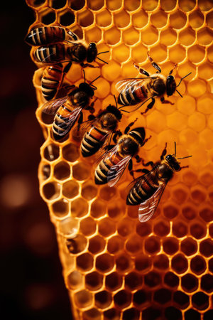 Close up of multiple bees on honeycomb on black background created using generative ai technology. Nature, animals and insects concept digitally generated image.の素材