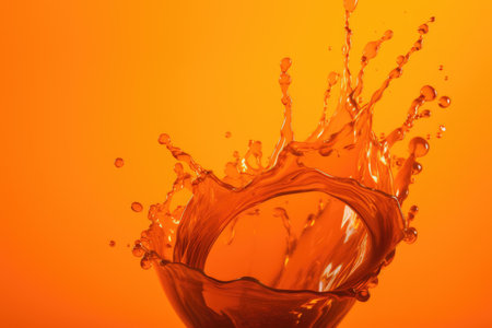 Close up of orange liquid splashing on orange background created using generative ai technology. Liquid and colour concept digitally generated image.の素材