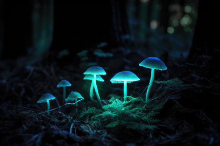 Close up of glowing mushrooms in forest created using generative ai technology. Mushrooms, magic and colours concept digitally generated image.の素材