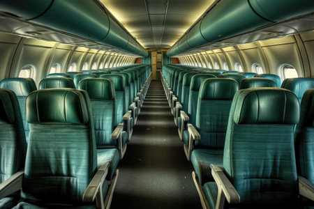 Interior of airplane with empty green seats, created using generative ai technology. Airplane, travel and transport concept digitally generated image.の素材