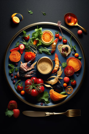 Close up of white plate with food, docorated with flowers created using generative ai technology. Dinner, restaurant and food concept digitally generated image.の素材