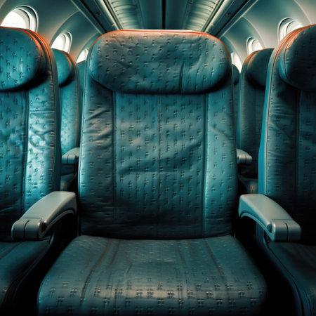 Interior of airplane with empty green seats, created using generative ai technology. Airplane, travel and transport concept digitally generated image.の素材