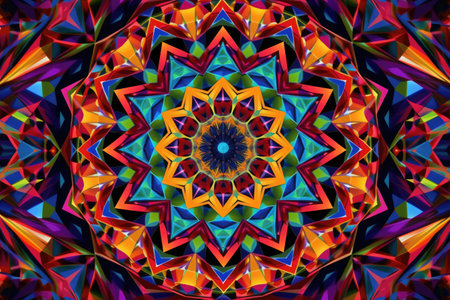 Close up of colorful kaleidoscope shapes on black background created using generative ai technology. Abstract background and colour concept digitally generated image.の素材