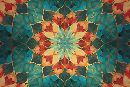 Close up of blue and red kaleidoscope shapes created using generative ai technology. Abstract background and colour concept digitally generated image.の素材