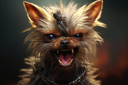 Small terrier angry dog with open mouth on black background created using generative ai technology. Animals, pets and nature concept digitally generated image.の素材