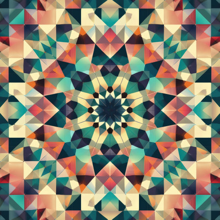 Close up of colorful kaleidoscope shapes created using generative ai technology. Abstract background and colour concept digitally generated image.の素材