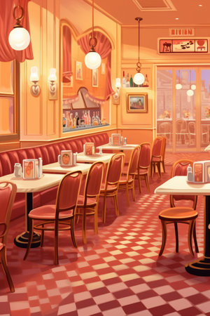 General view of fancy restaurant interiors with big window, created using generative ai technology. Restaurant, dining and interiors concept digitally generated image.の素材
