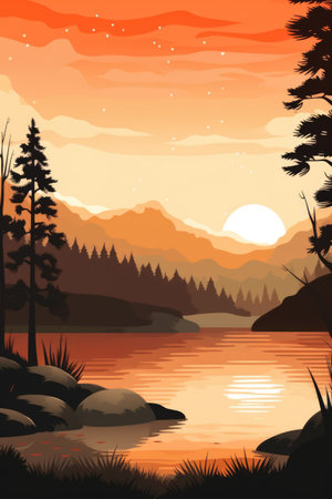Sunset landscape with trees, mountains and lake created using generative ai technology. Landscape and nature concept digitally generated image.の素材