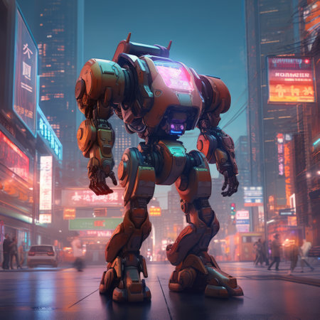 Mecha giant robot with lights over cityscape, created using generative ai technology. Mecha, science fiction and machines concept digitally generated image.の素材